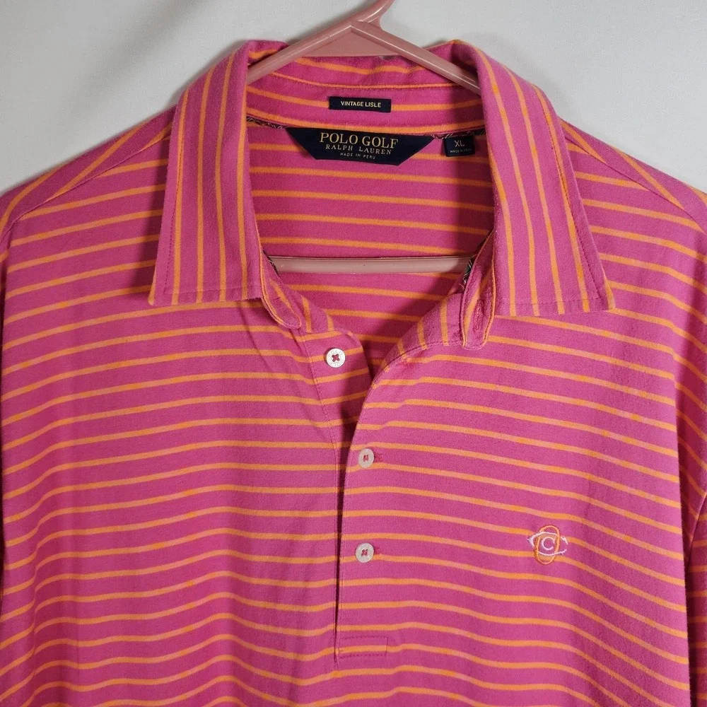 Polo Golf Ralph Lauren XL Pink &‎ Orange Stripe Shortsleeve Pony 100% Cotton EUC
